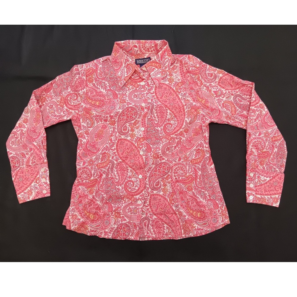 Lands End Womens 14 Pink Paisley Button Down Shirt Long Sleeve Cotton Stretch